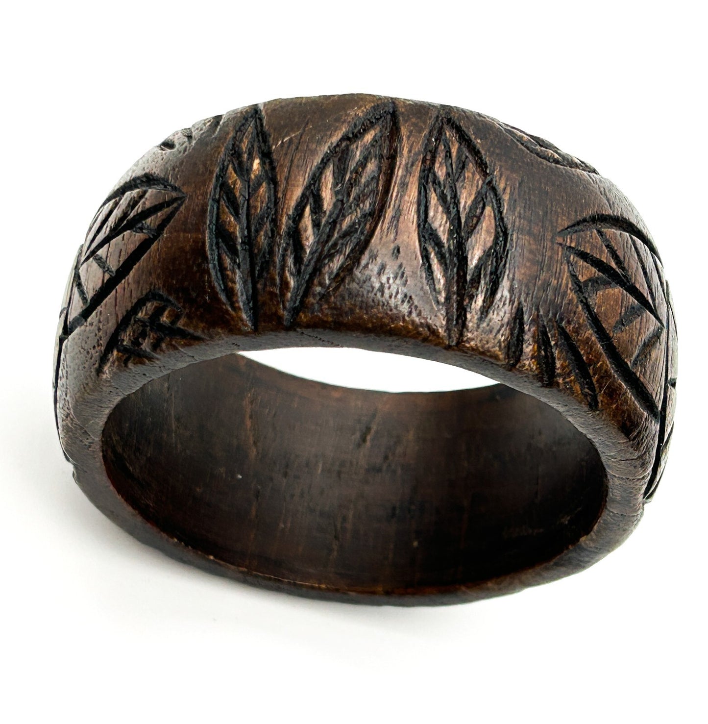 Vintage Hand Carved Wood Bangle Flower Leaf Design Rustic Bracelet Floral Boho