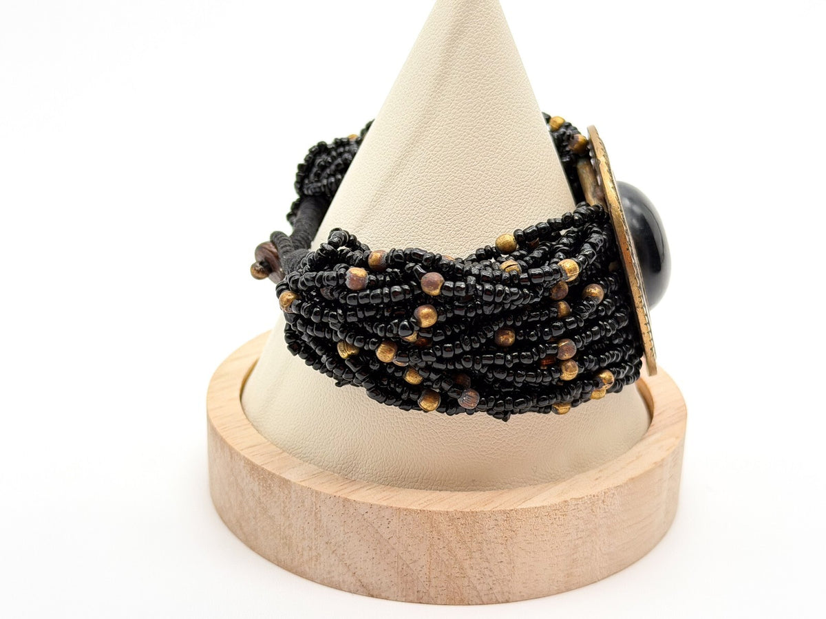 Vintage Chunky Black Seed Bead Bracelet Gold Tone Cabochon Statement Wide Cuff