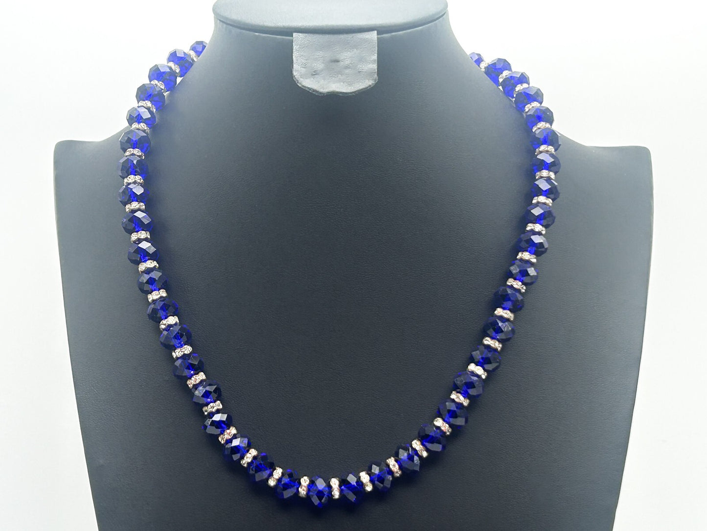 Cobolt Blue Faceted Glass Necklace with Rhinestone Rodelles - Bright Bold
