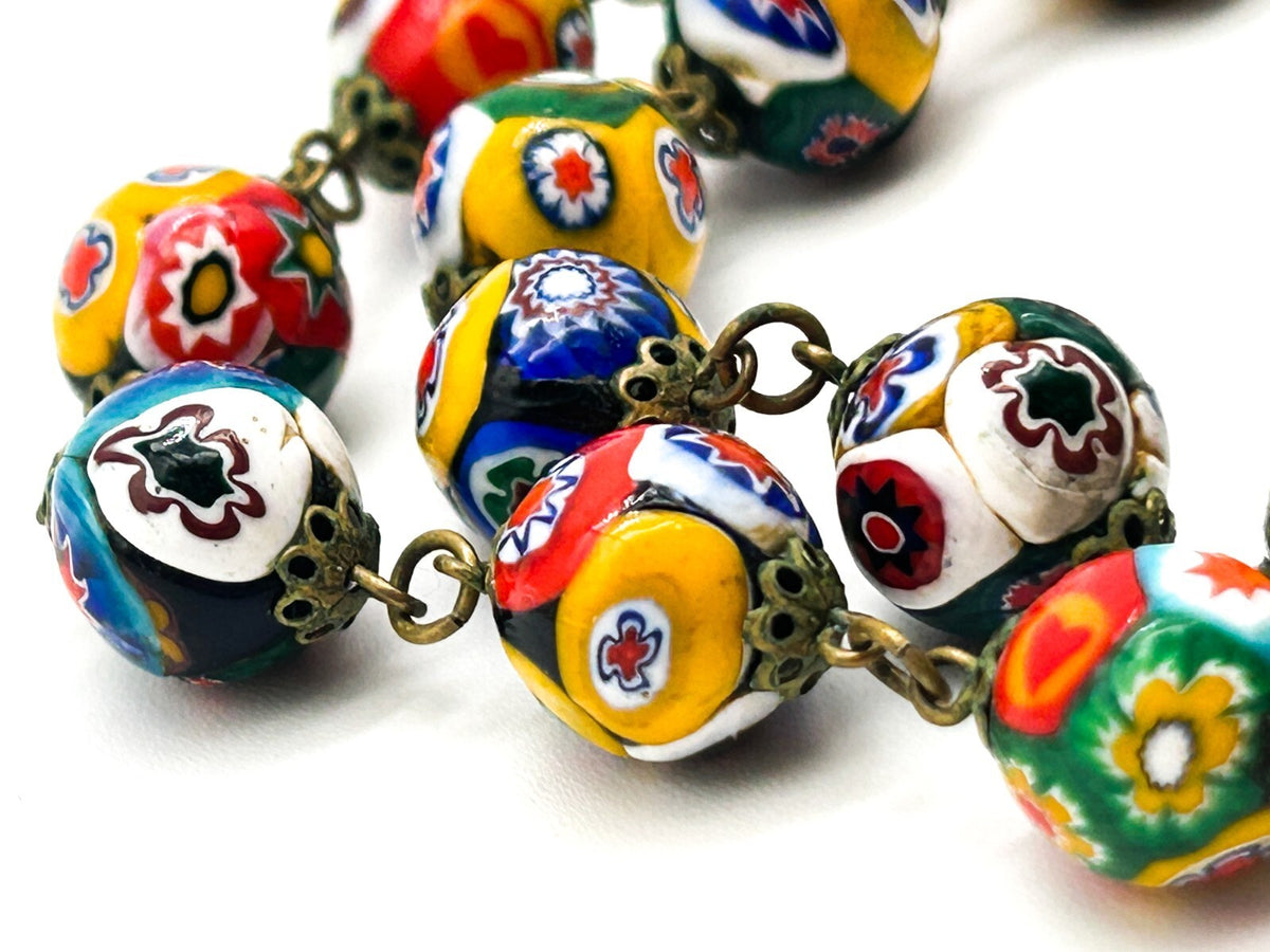 Vintage Murano Glass Millefiori Flower Multicoloured Necklace Floral Venetian
