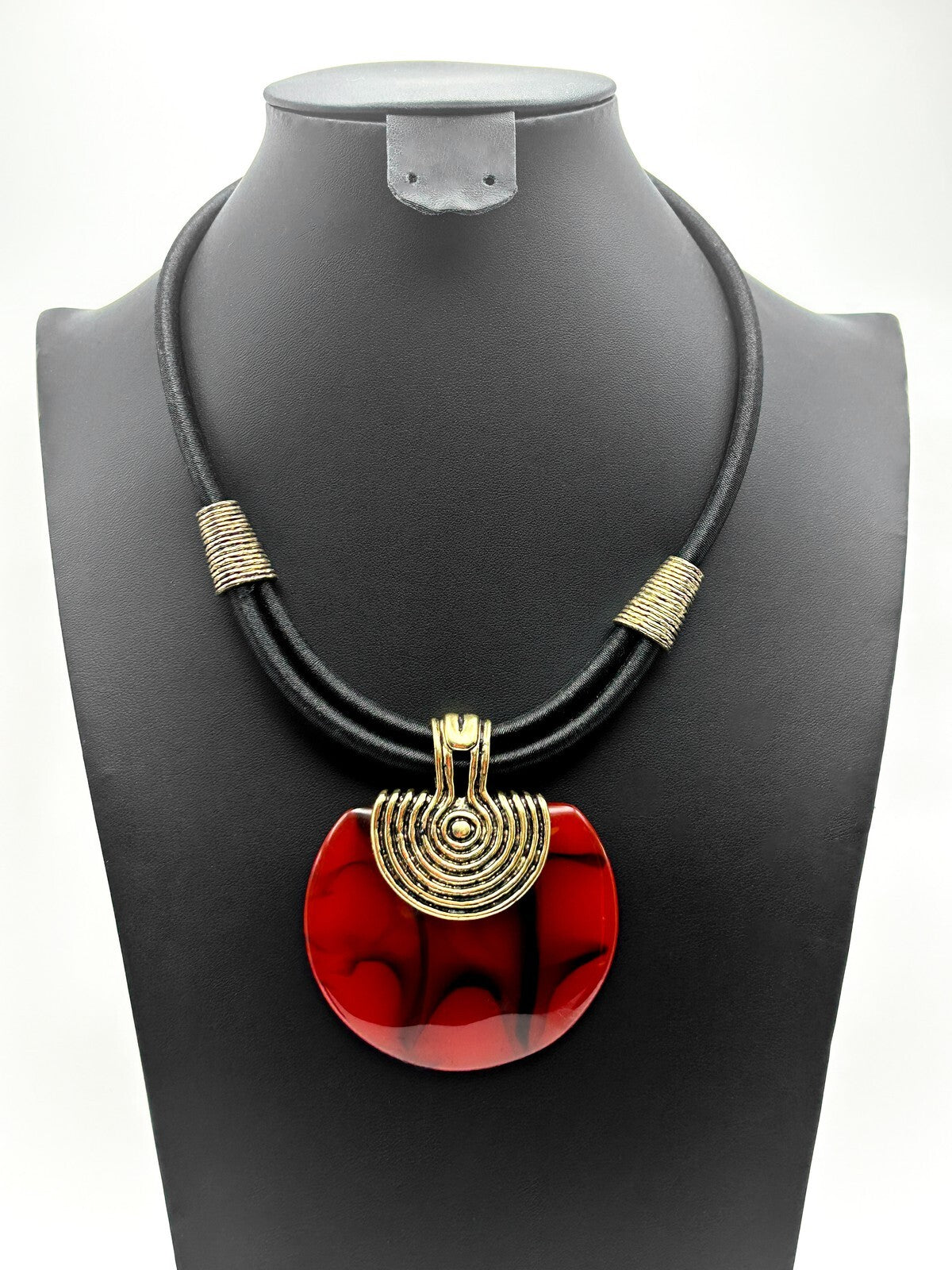 Vintage Egyptian Revival Red Acrylic Disc Statement Necklace