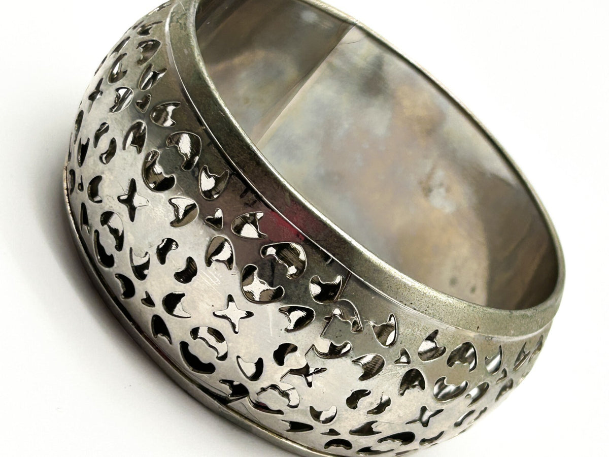 Chunky Silver Tone Openwork Bangle Bracelet Cuff