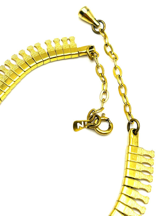 Vintage Gold Tone Cleopatra Fringe Collar Necklace Textured Statement 17.5”