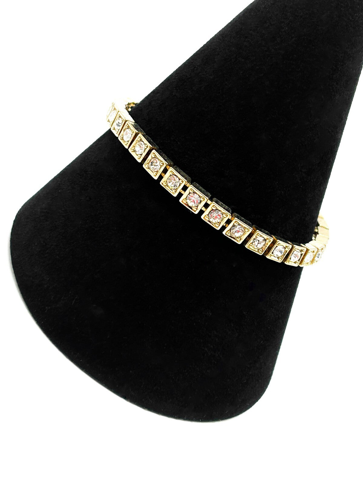 Gold Tone Tennis Bracelet Square Rhinestone Crystal Articulated Link 7.5”