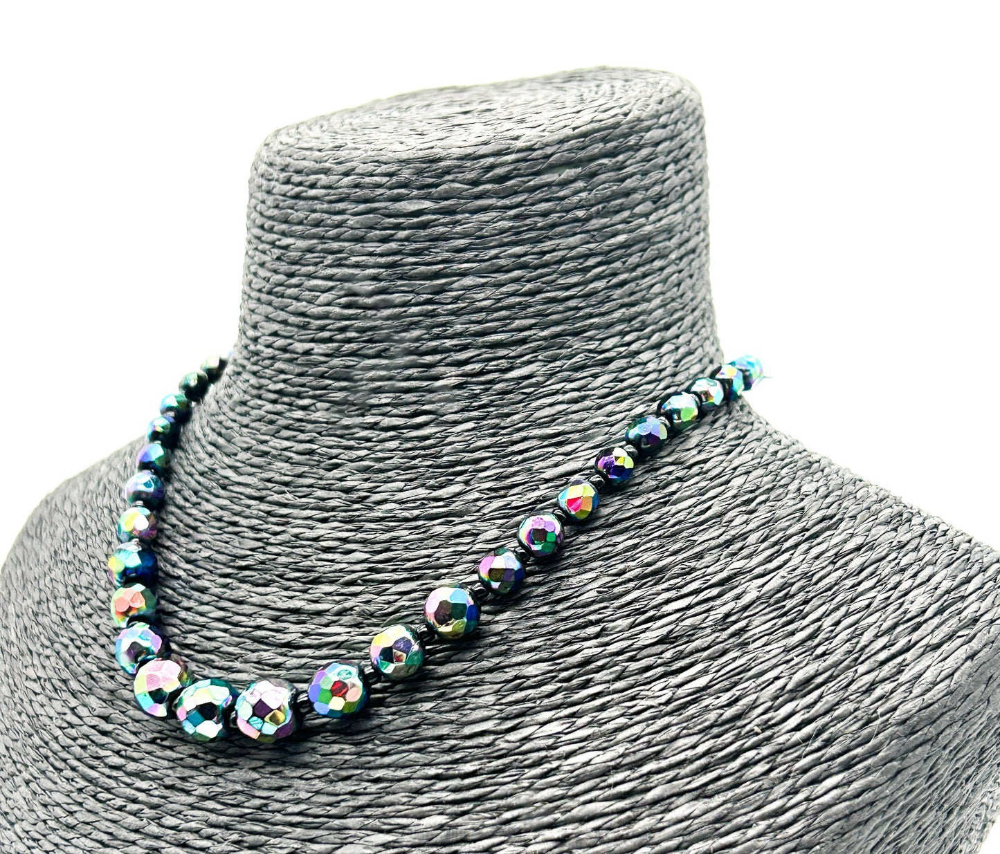 Vintage Aurora Borealis Peacock Glass Choker Necklace Rainbow Faceted Retro AB