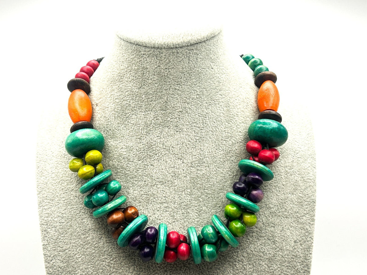 Vintage Multicolour Wooden Bead Necklace with Disc Spacers and Toggle Clasp