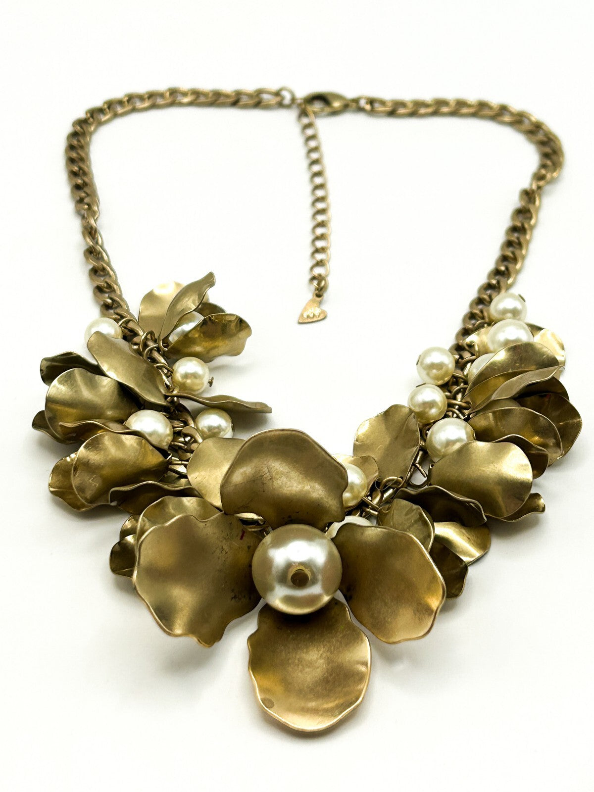 Vintage Per Una Gold Tone Floral Statement Necklace – Faux Pearl Detail, 17”