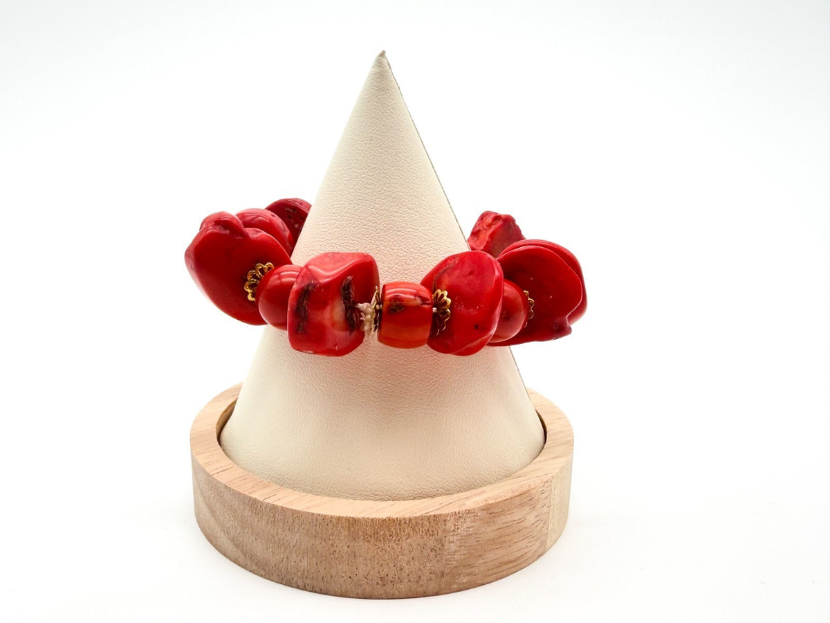 Chunky Red Coral Bracelet Elastic Stretch Statement Bracelet Gold Tone 103g