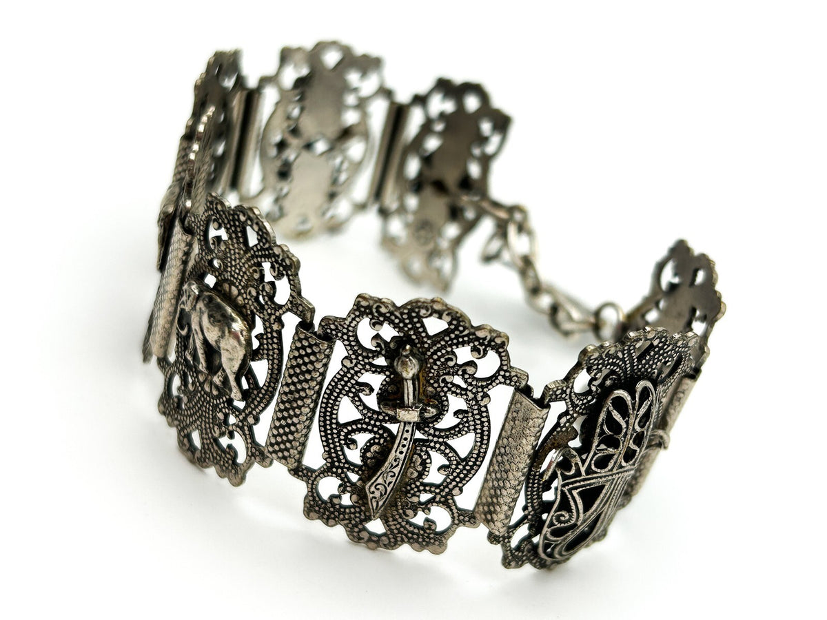 Moroccan Souvenir Silver Tone Filigree Panel Bracelet Elephant Hamsa 8.5”
