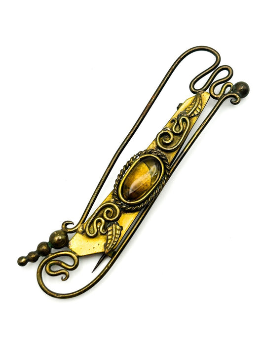 Antique Style Art Nouveau Brass Openwork Brooch Oval Glass Cabochon C Clasp