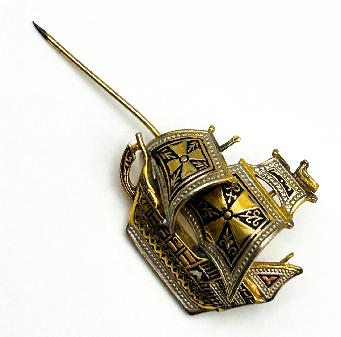 Damascene Ship Brooch Vintage Gold Tone Spanish Toledo Style Sailing Boat Pin