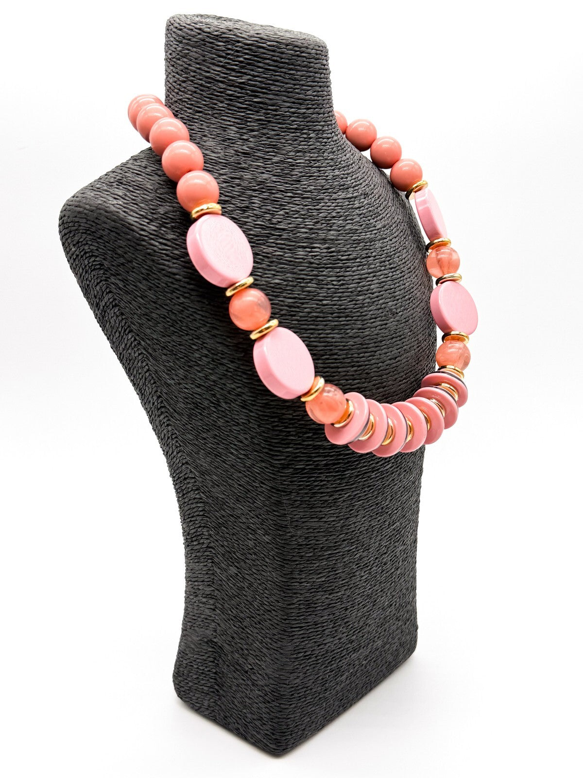 Retro Chunky Pink Acrylic Statement Necklace Disc Beads Gold Tone New w/Tag 23”
