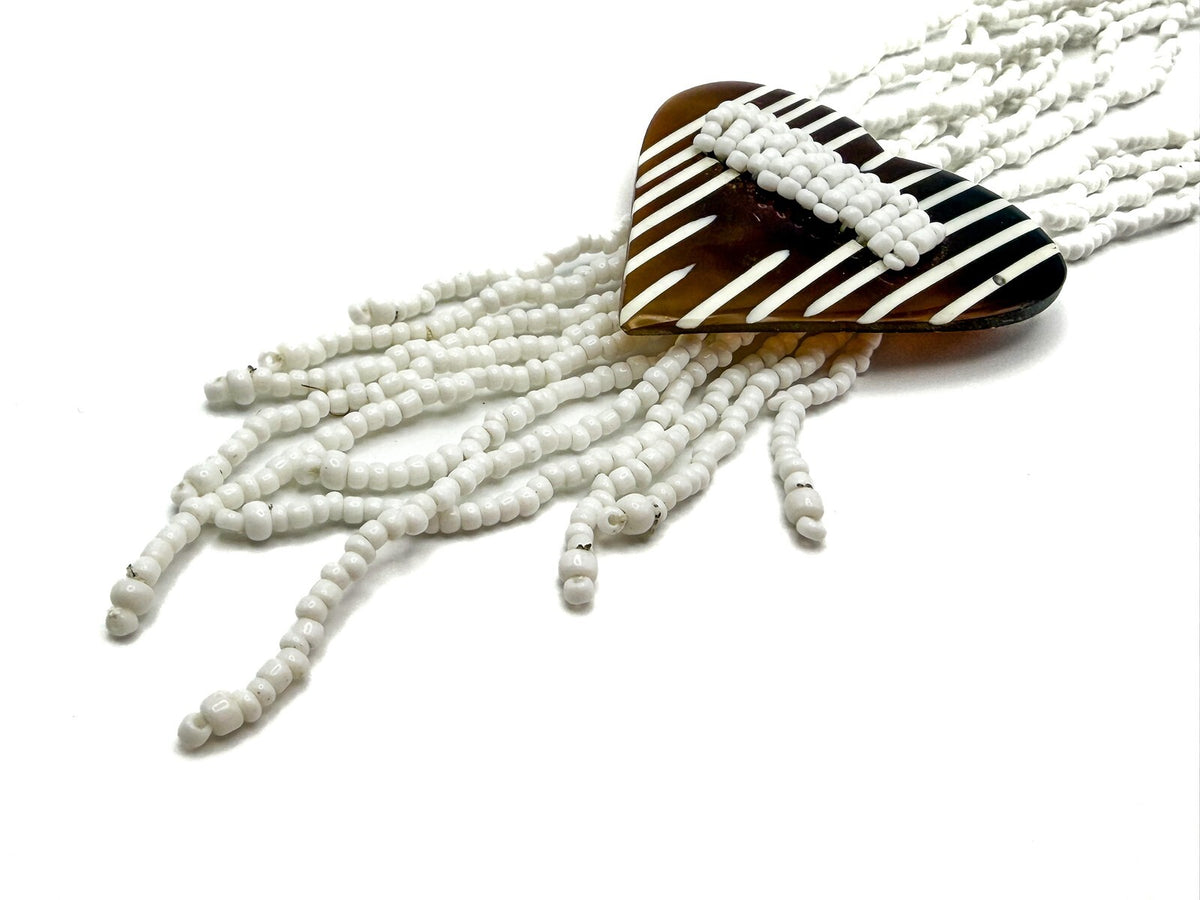 Vintage Multi-strand White Seed Bead Brown Striped Heart Pendant Tassel Necklace
