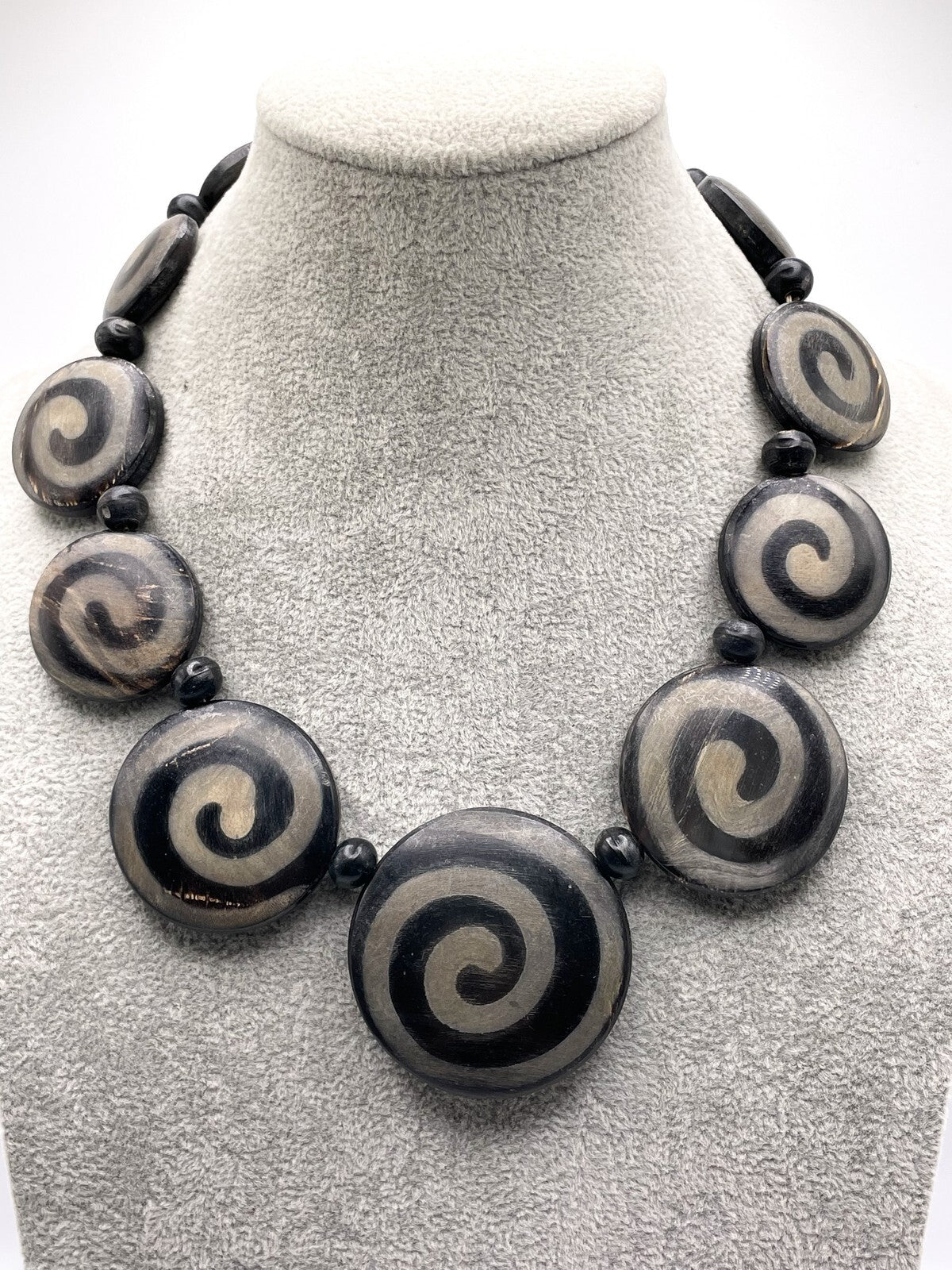 Swirled Black Wooden Disc Necklace - Boho Bohemian Circular Wood Chunky