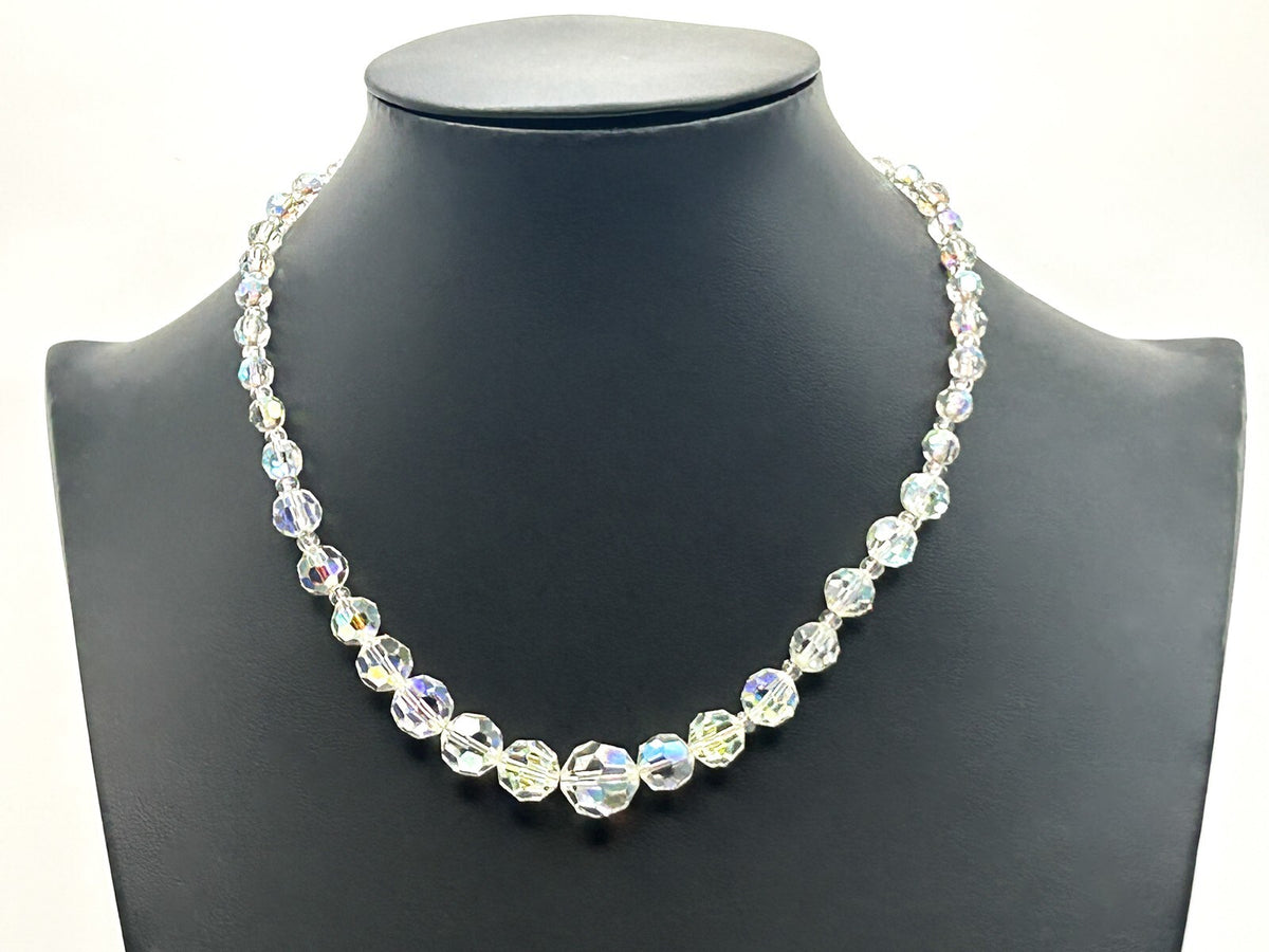 Aurora Borealis Crystal Glass Bead Necklace with Faceted Round Beads