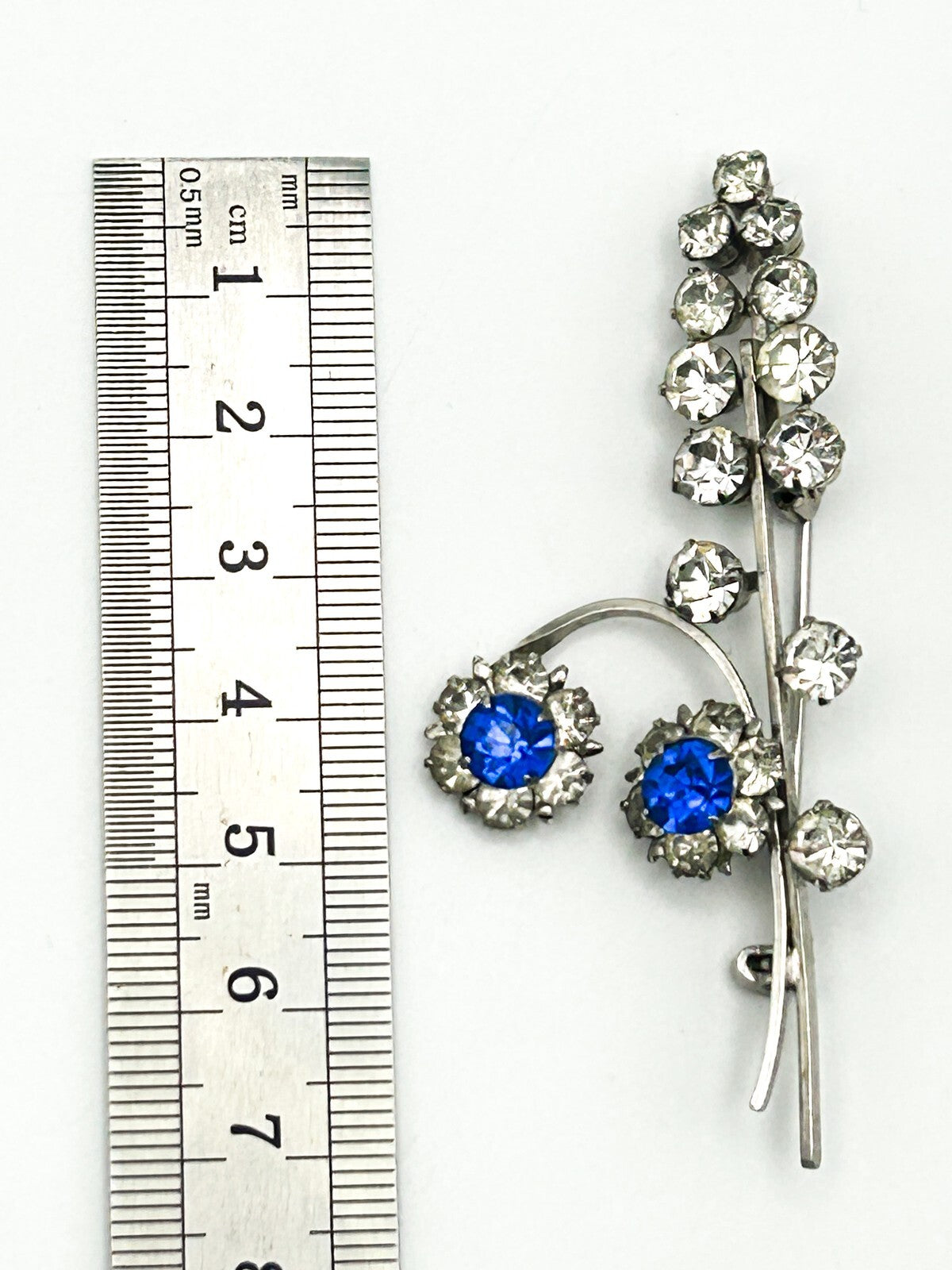 Vintage Blue Rhinestone Brooch Floral Drop Silver Tone Dangle Pin
