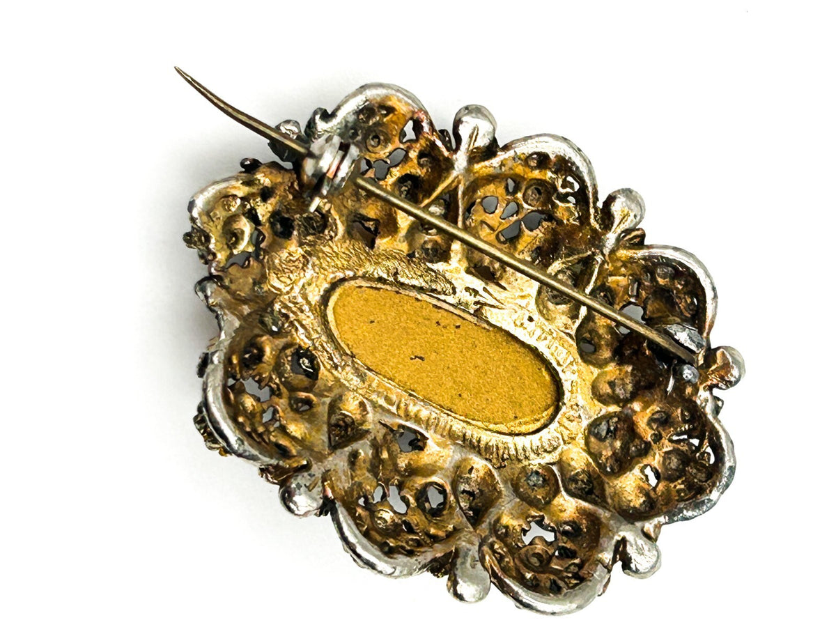Vintage Amber Glass Oval Cabochon Brooch Rhinestone Ornate Gold Tone Openwork