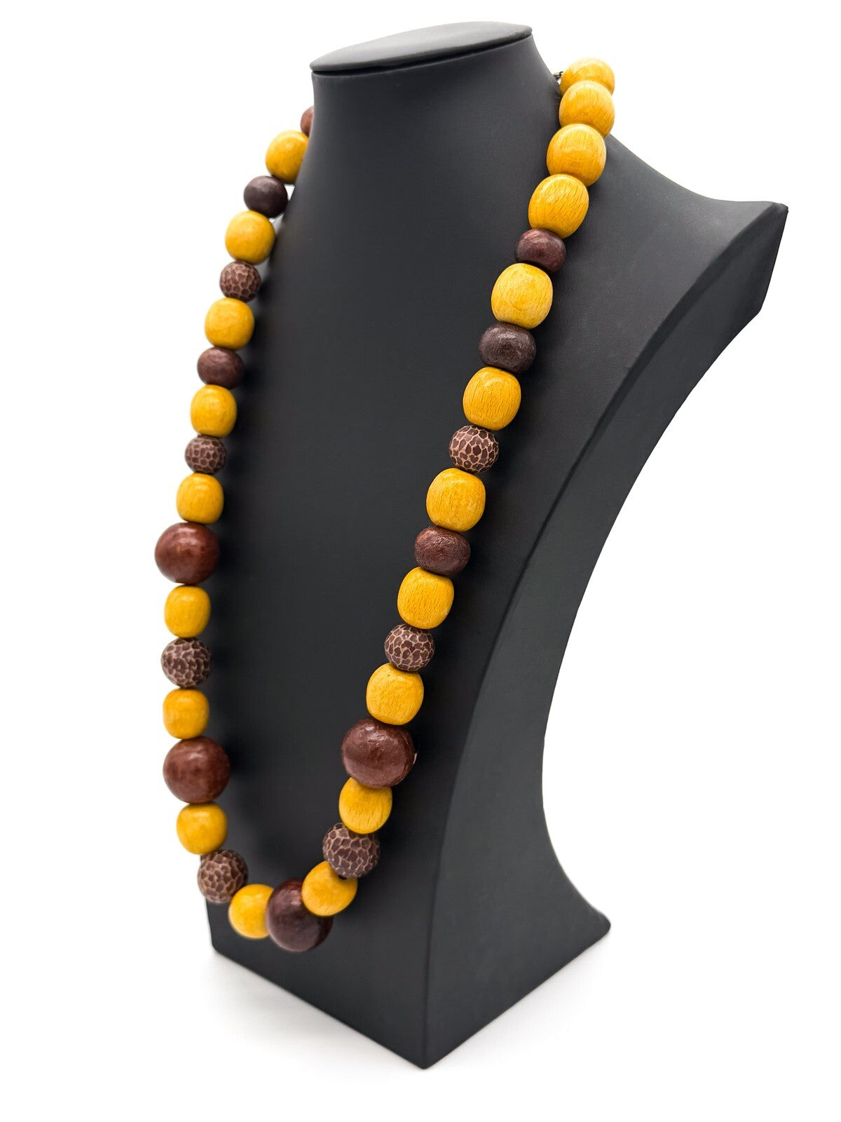 Long Wooden Bead Necklace Yellow Brown Natural Wood 30” Boho