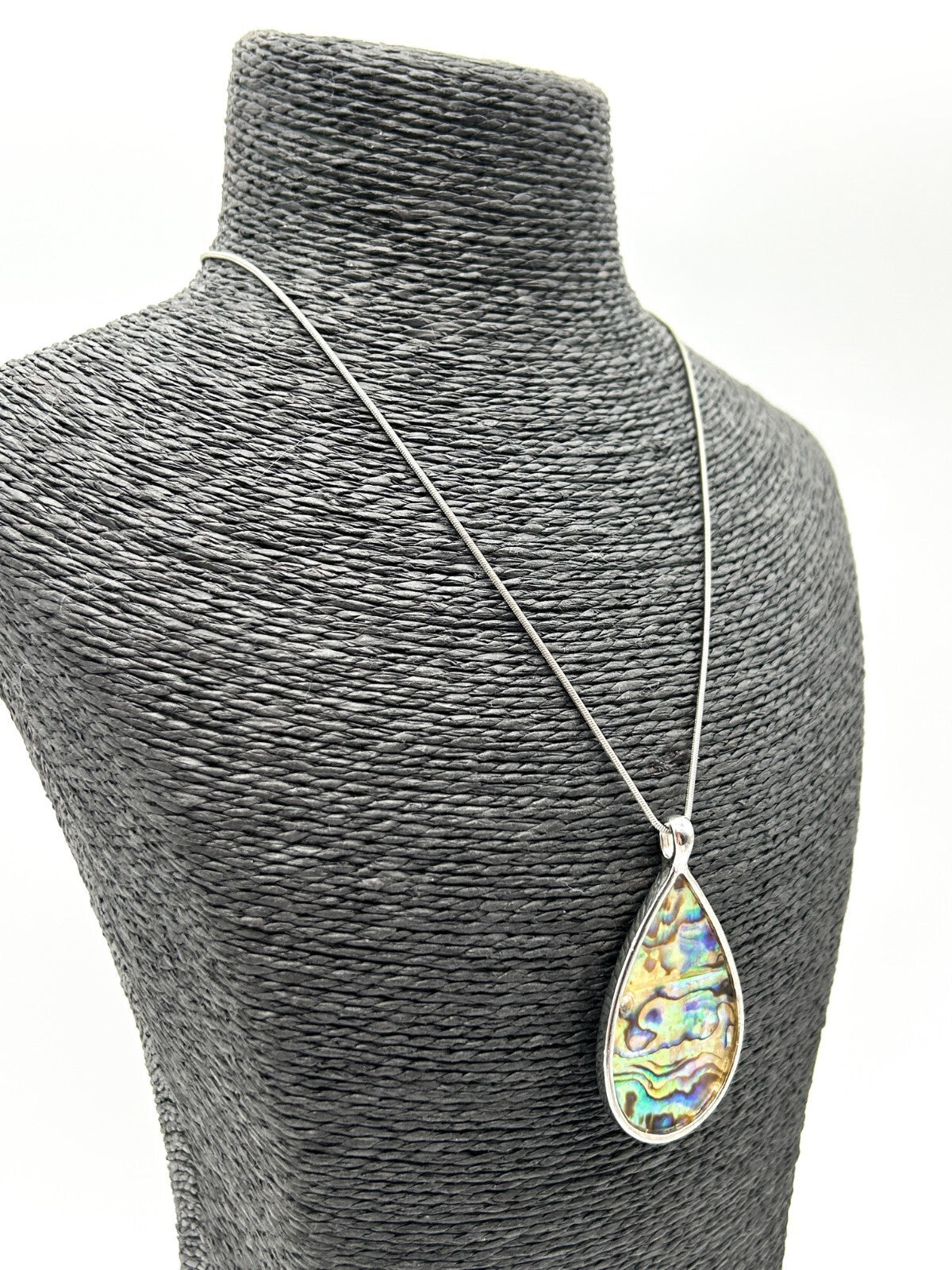 Large Abalone Shell Teardrop Pendant Necklace Snake Chain Silver Tone 17in