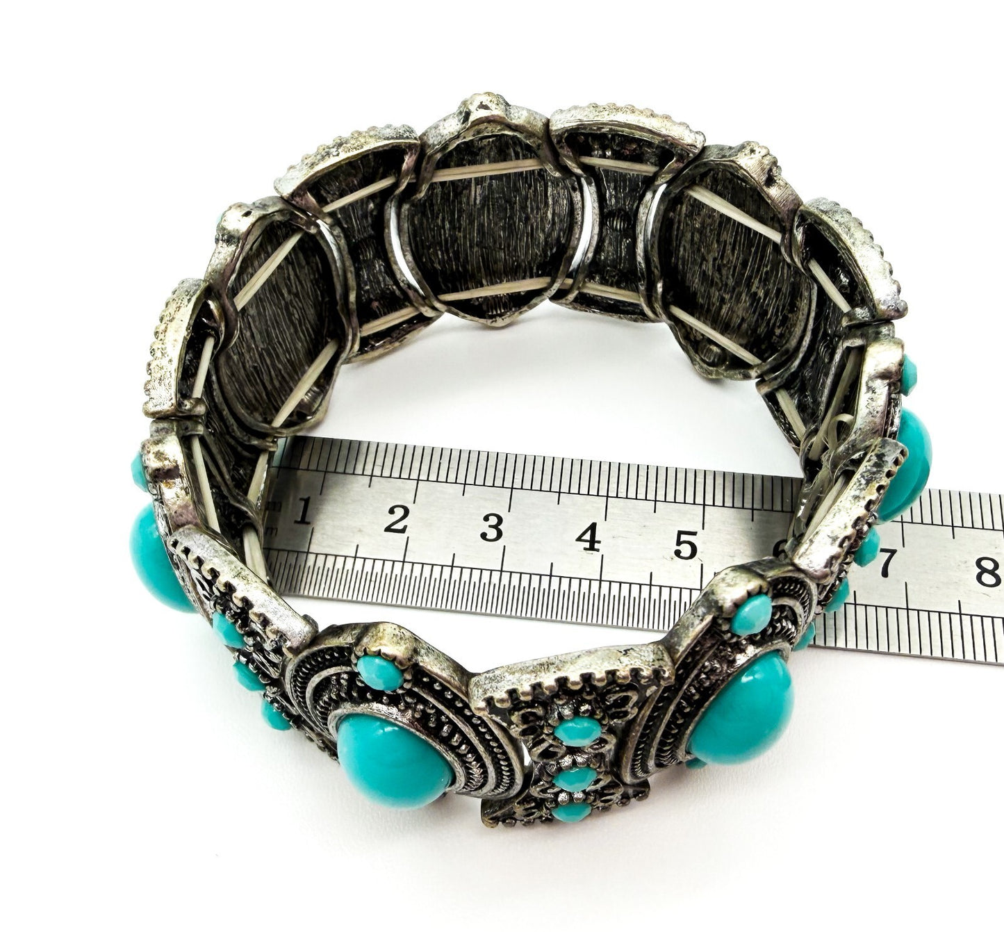 Ornate Faux Turquoise Stretch Cuff Bracelet Silver Tone Statement Boho Statement