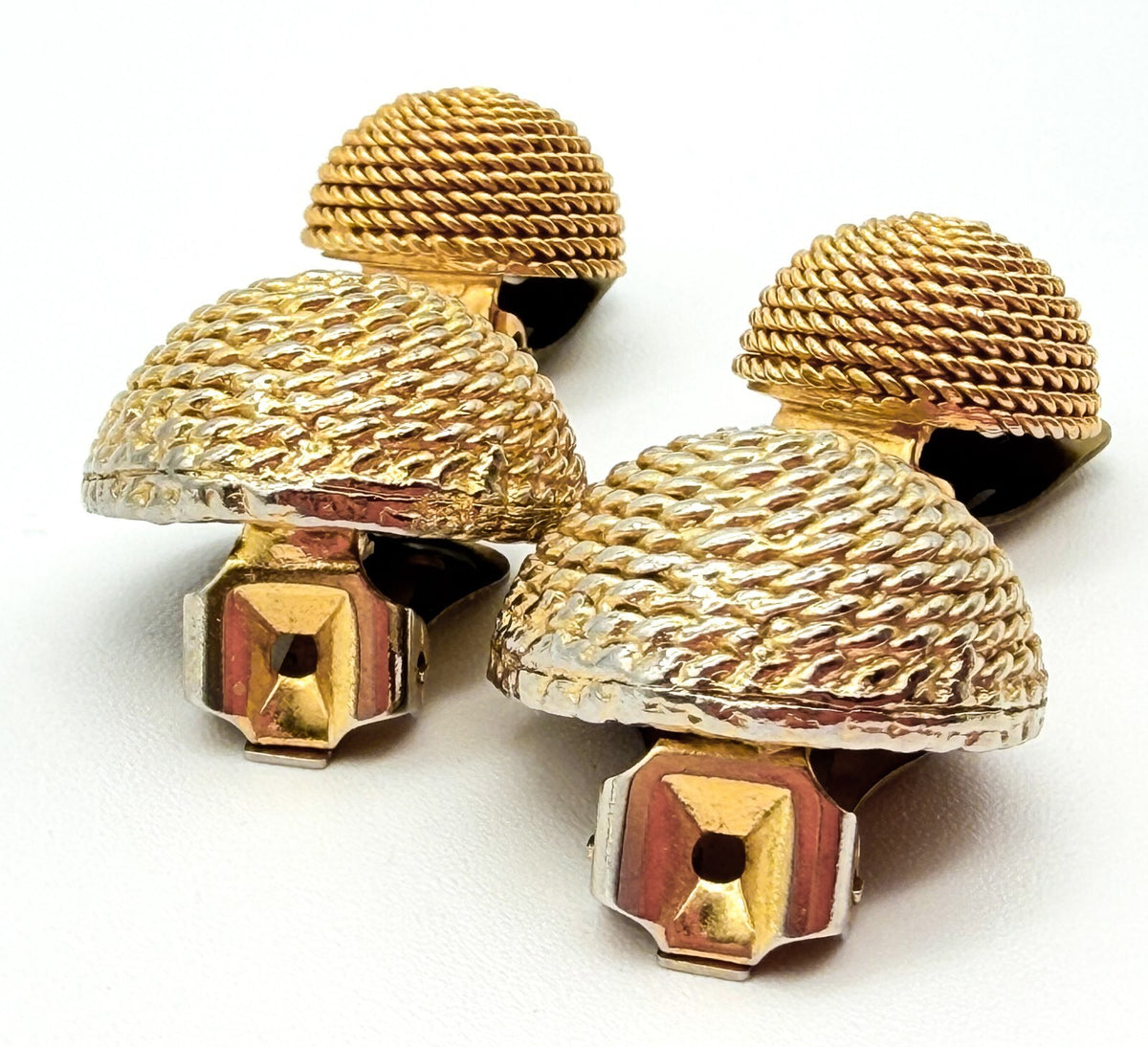 Vintage Gold Tone Rope Swirl Twist Clip On Earrings Dome Textured Retro 1980s