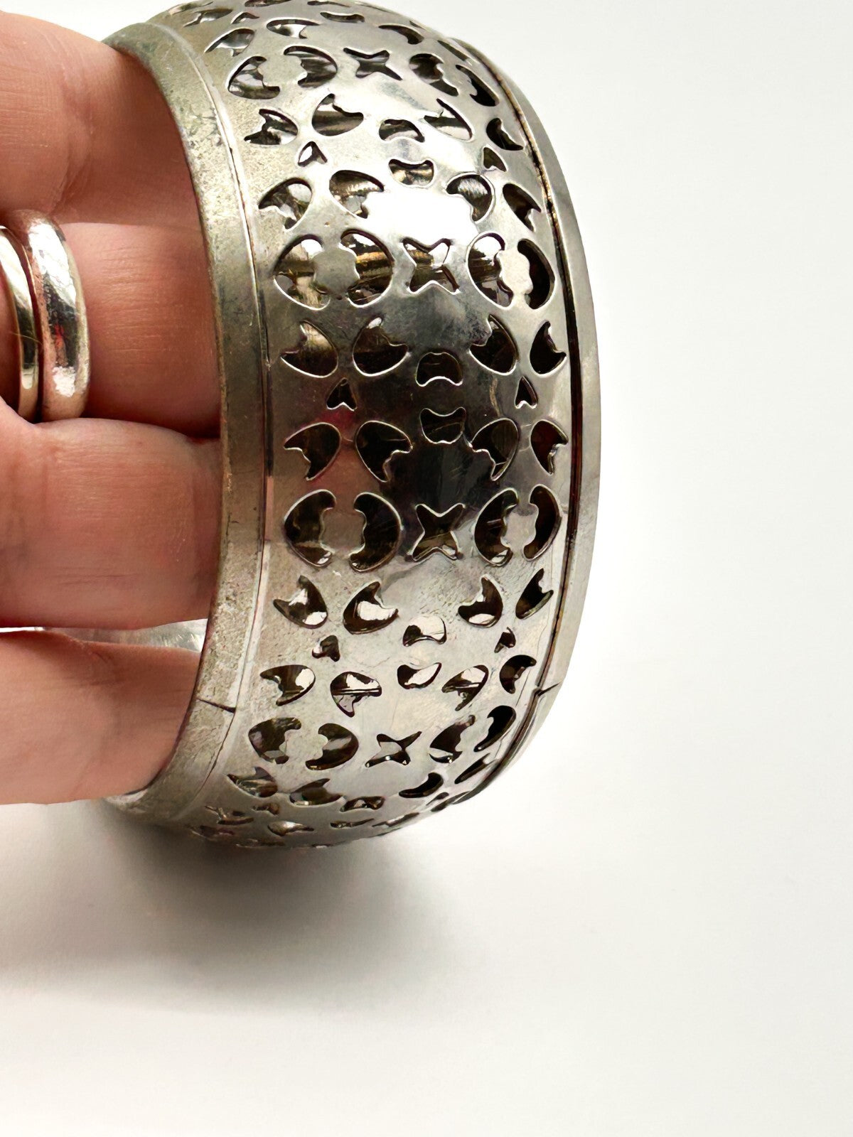 Chunky Silver Tone Openwork Bangle Bracelet Cuff