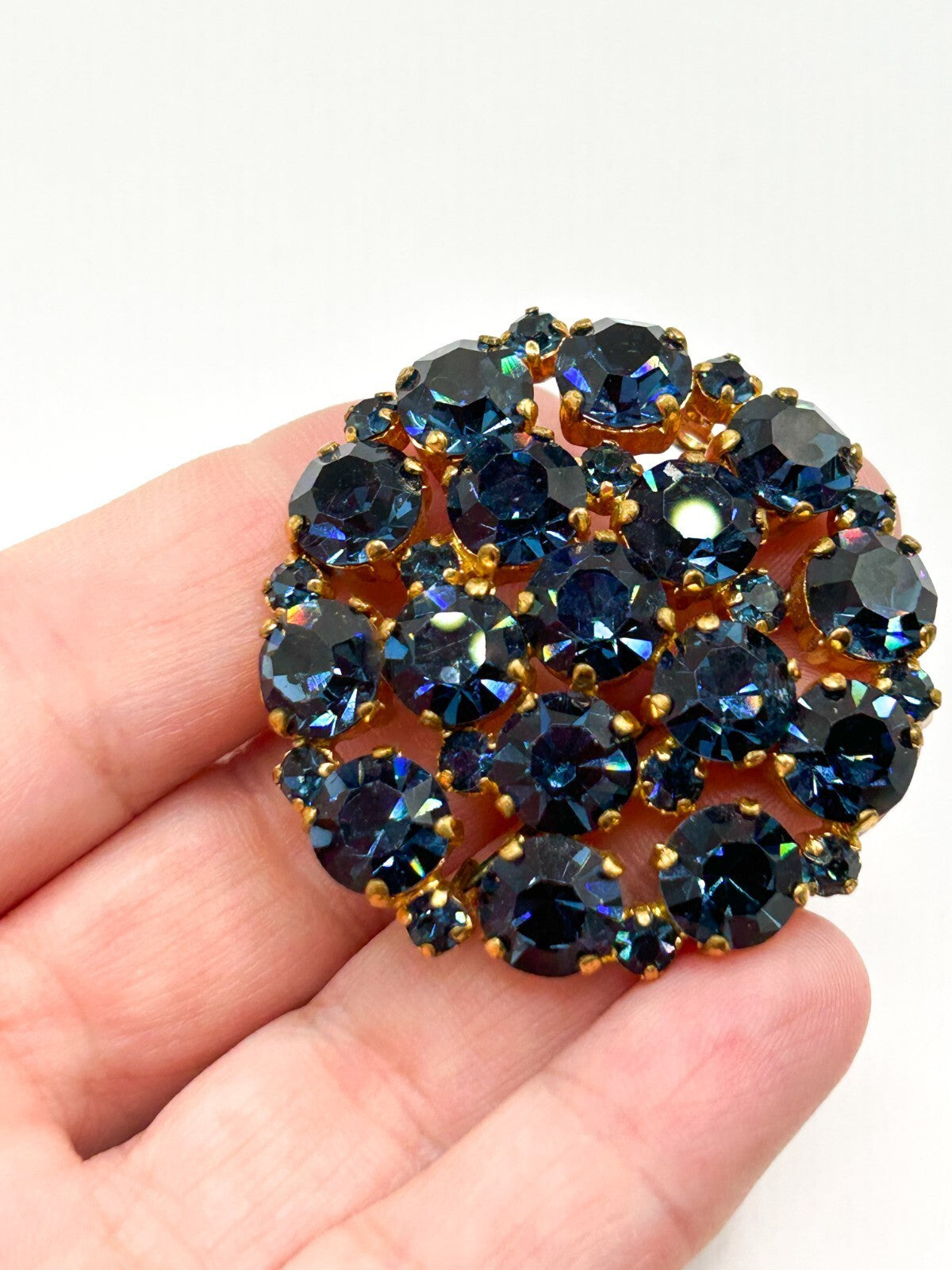 Antique Art Deco Blue Glass Rhinestone Domed Cluster Brooch C Clasp 1920s 30s