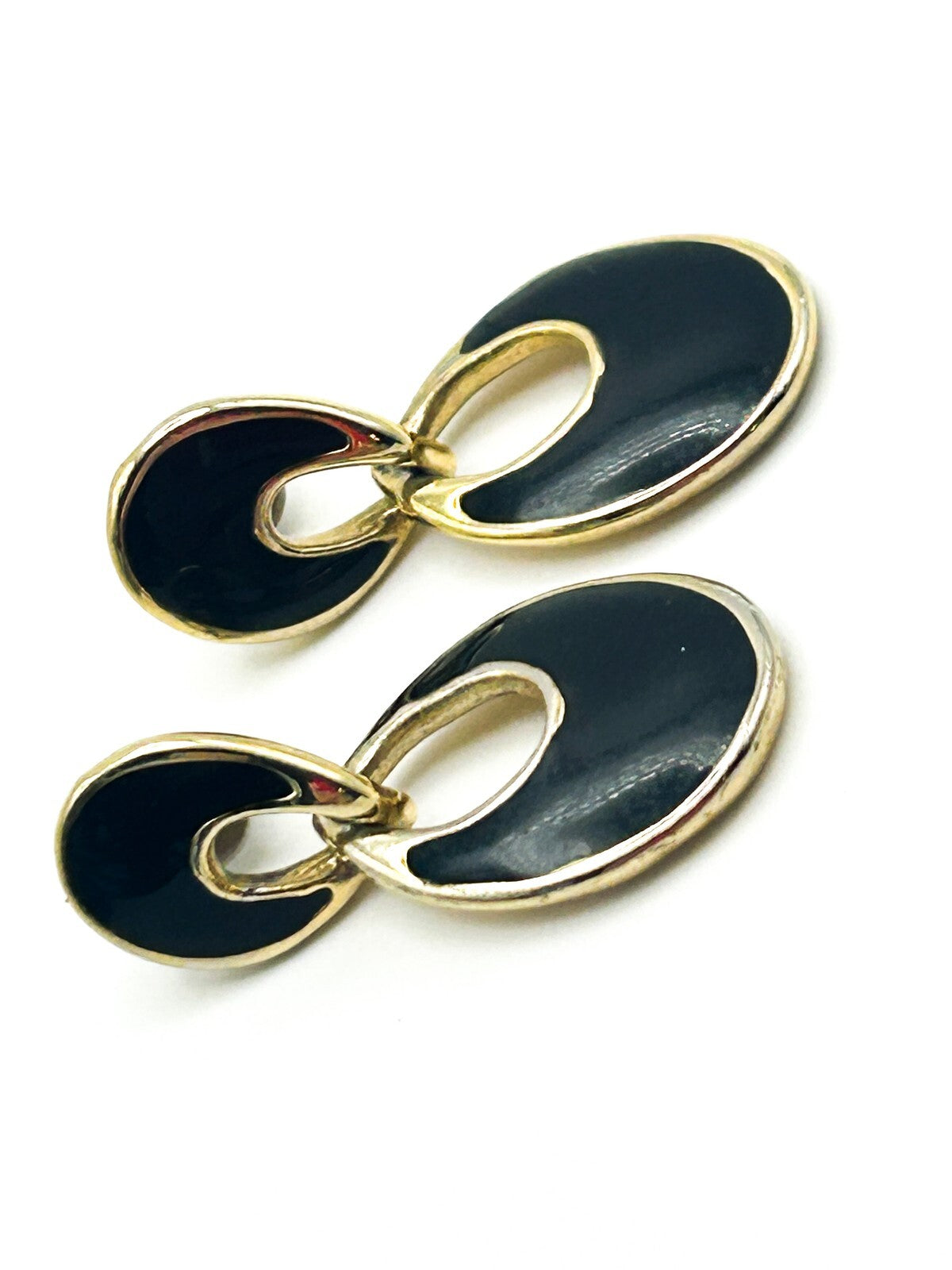 Vintage Black Enamel Interlocking Gold Tone Teardrop Stud Earrings