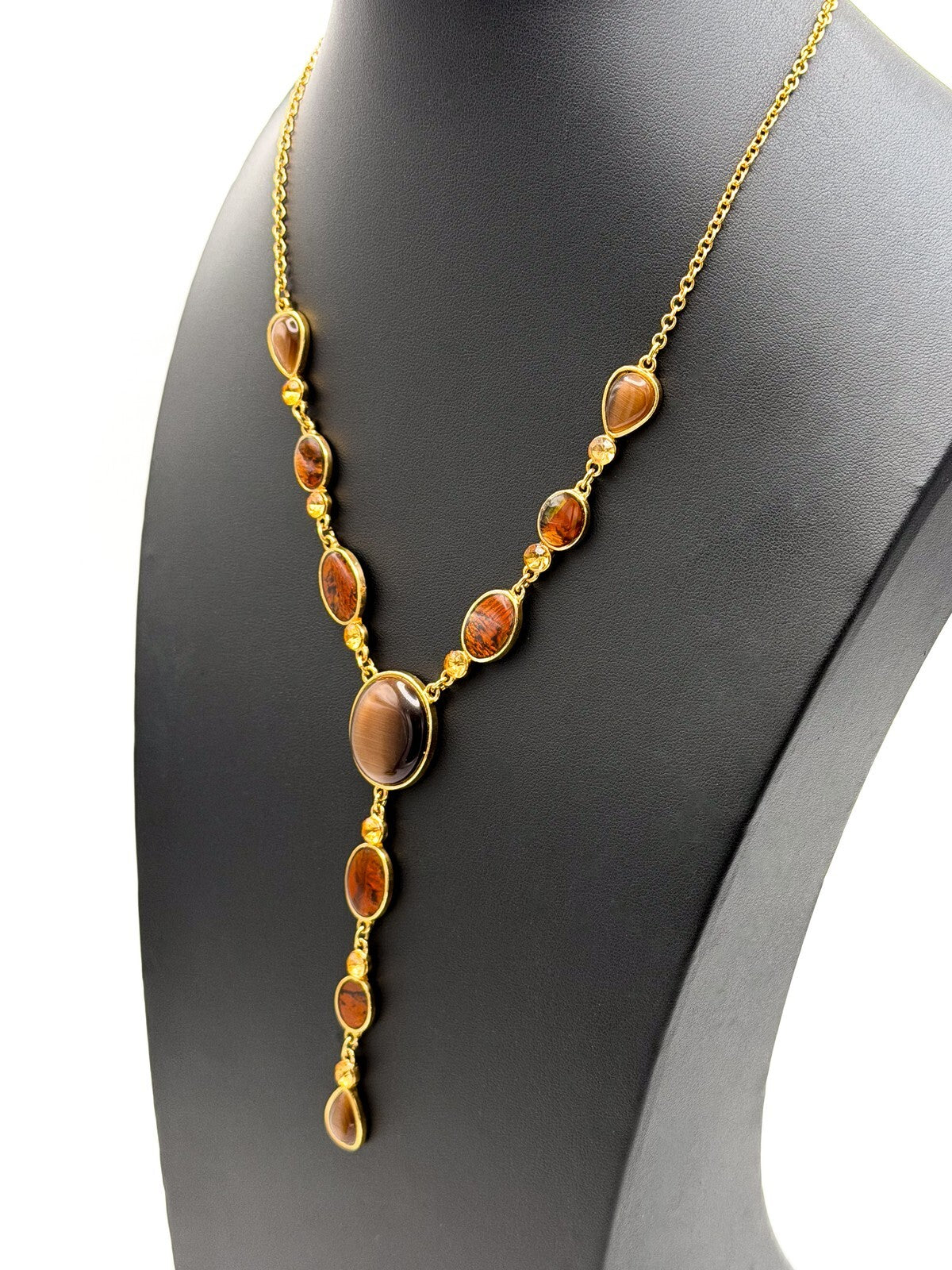 Gold Tone Y-Drop Necklace with Brown Cat’s Eye & Iridescent Orange Cabochons