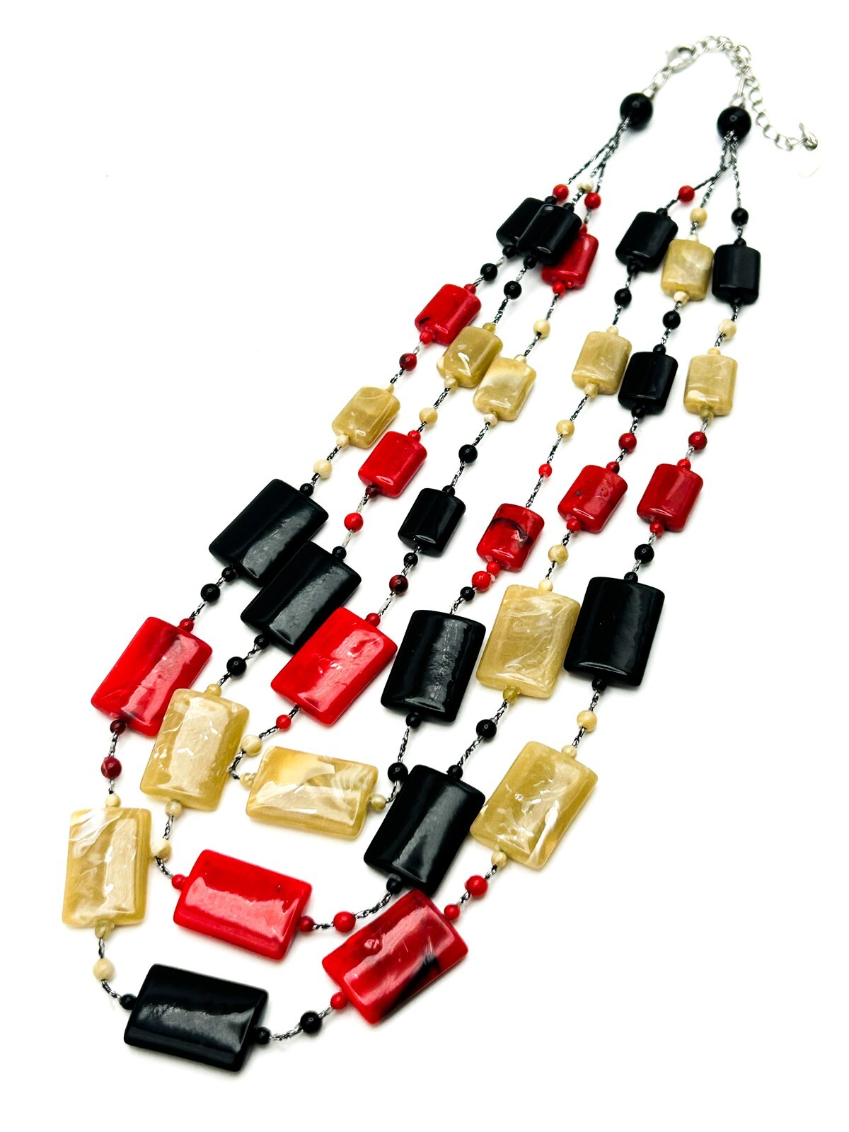 Vintage Klass Multi Strand Necklace Red Black Beige Acrylic Statement Necklace