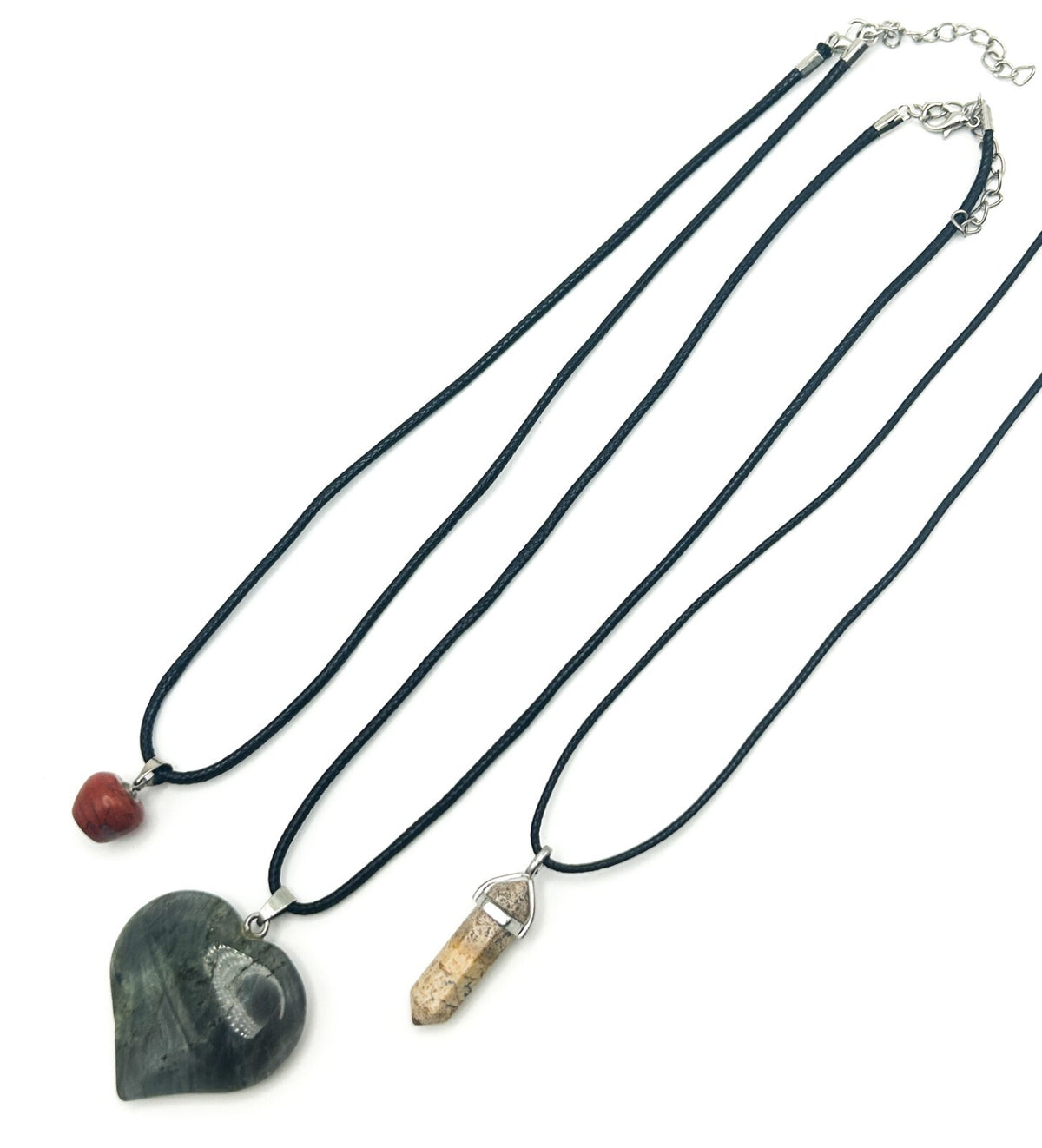 Gemstone Pendant Cord Necklace Bundle – Labradorite Heart, Picture Jasper Point