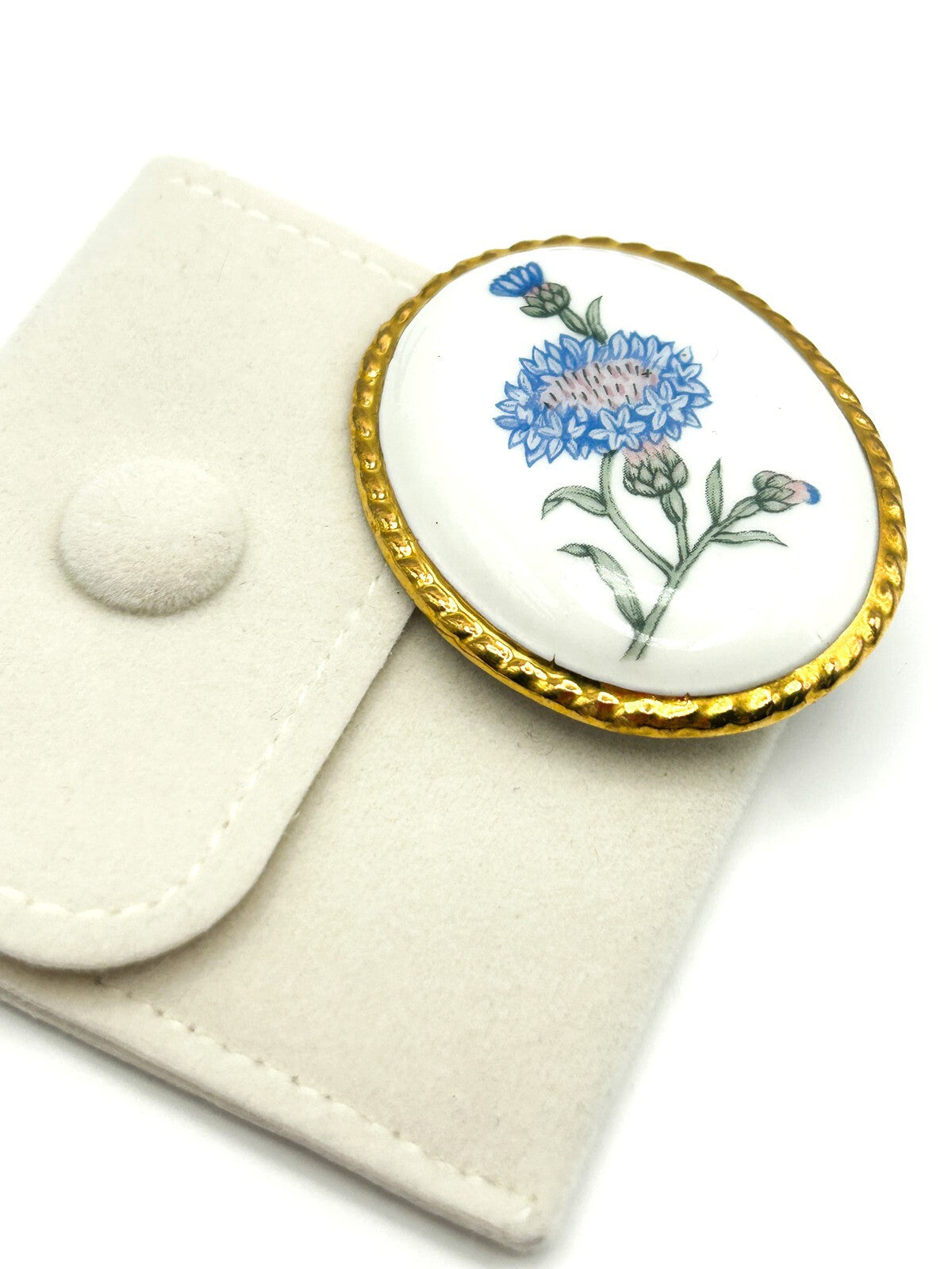 Aynsley Bone China Brooch Blue Floral Oval Gold Tone Vintage Pin
