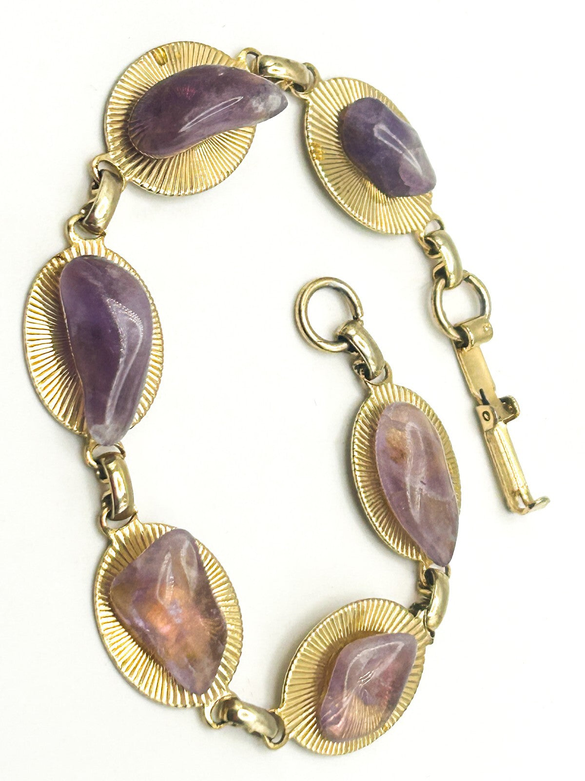 Vintage Gold Tone & Amethyst Nugget Link Bracelet – 8”