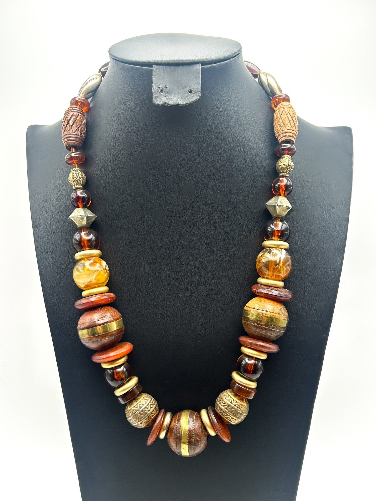 Vintage Graduated Wood & Faux Amber Beaded Statement Necklace