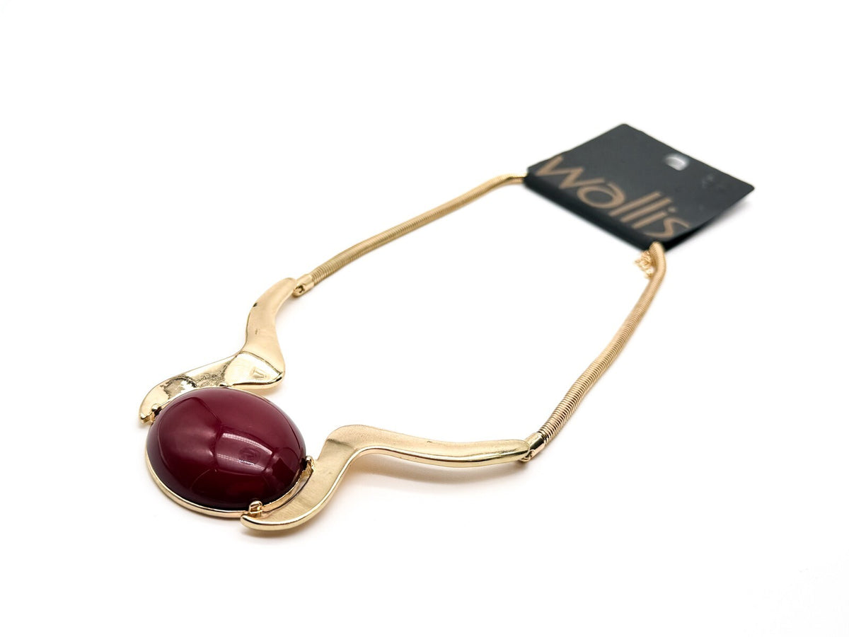 Wallis Gold Tone Statement Necklace Red Cabochon Pendant Snake Chain 18” NWT
