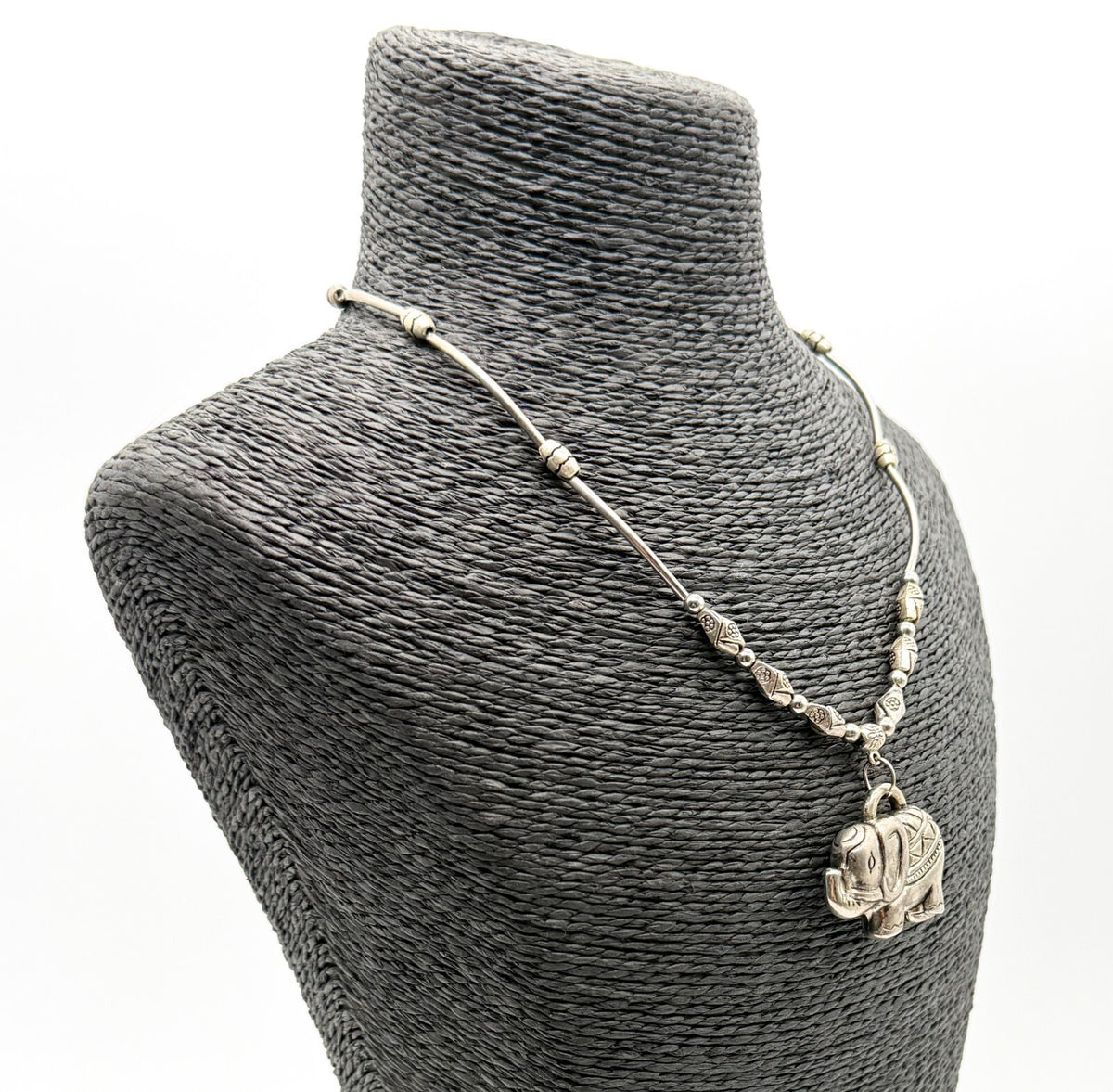 Elephant Pendant Necklace Silver Tone Beaded Tribal Boho Style Animal Charm Cute