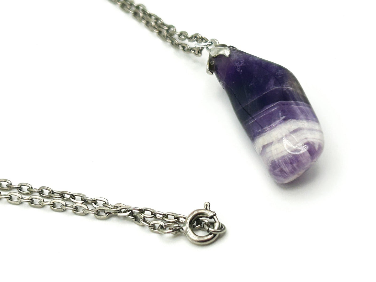 Banded Amethyst Pendant Necklace on Silver Tone Chain