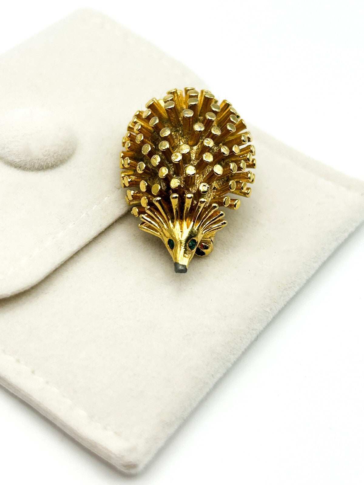 Vintage Hedgehog Brooch Gold Tone Animal Pin Green Rhinestone Eyes