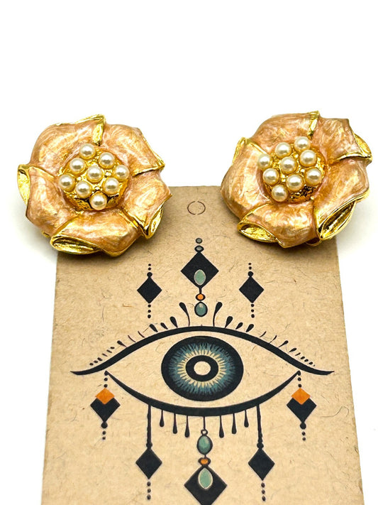 Vintage Peach Enamel Flower Clip On Earrings Faux Pearl Gold Tone Statement