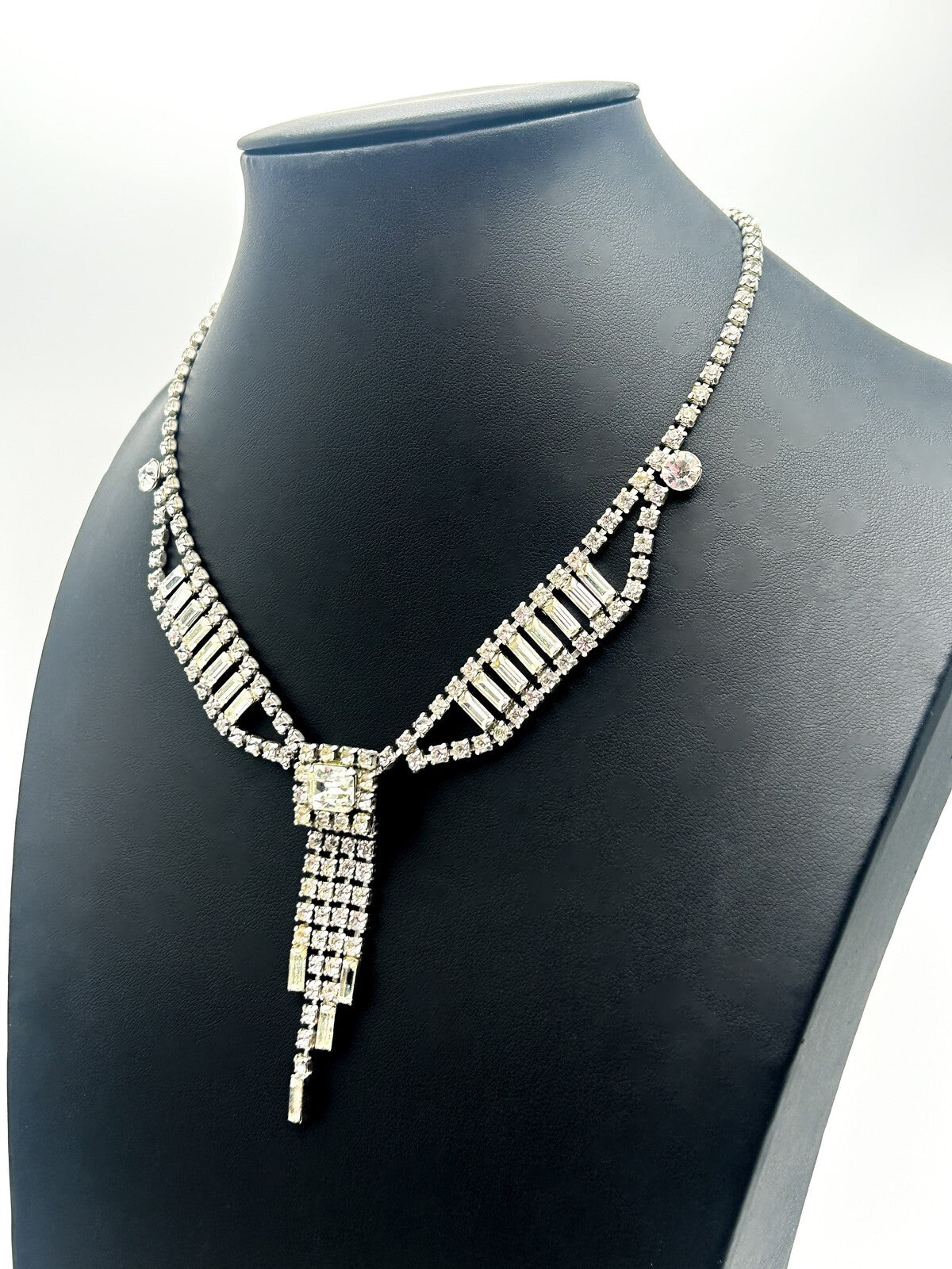 Vintage Rhinestone Waterfall Necklace Baguette Statement Tassel Drop 16”