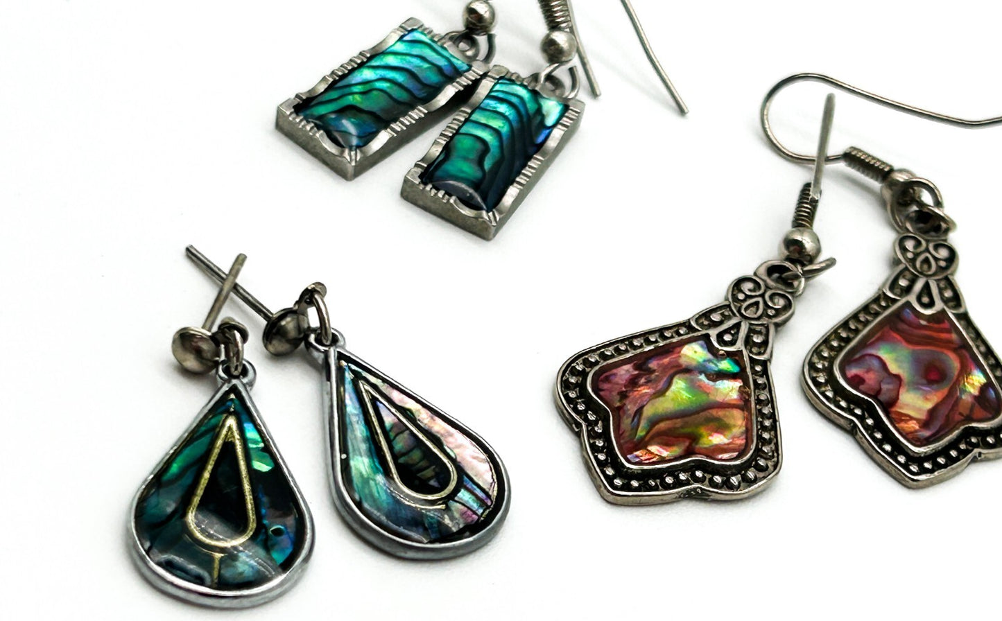3Pairs Abalone Shell Earrings Iridescent Silver Tone Mixed Styles Teardrop Boho