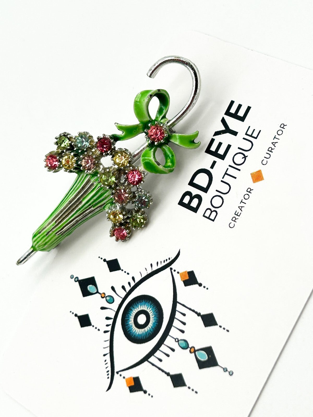 Vintage Green Enamel & Rhinestone Parasol Umbrella Brooch Multicolour Retro Bow