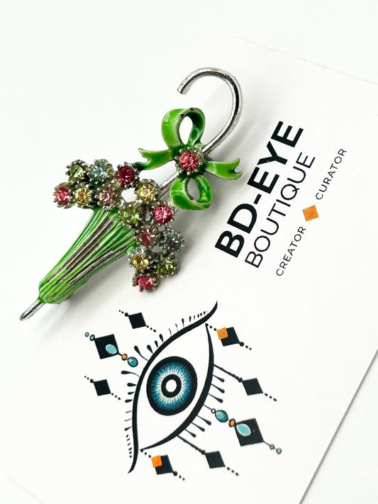 Vintage Green Enamel & Rhinestone Parasol Umbrella Brooch Multicolour Retro Bow