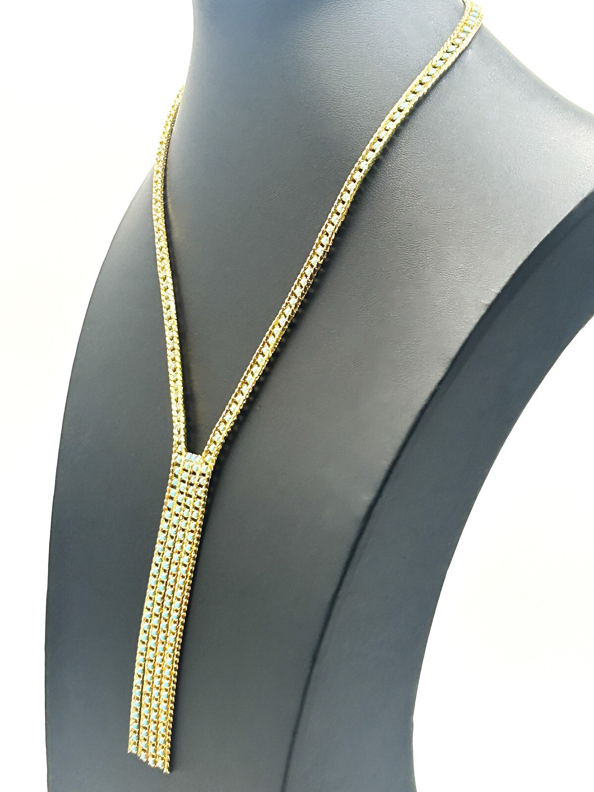 Gold Tone Turquoise Glass Lariat Necklace – Vintage Mesh Tassel Design