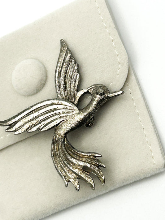 Bird Brooch Silver Tone Flying Bird Wings Pin Vintage MCM Bird Paradise