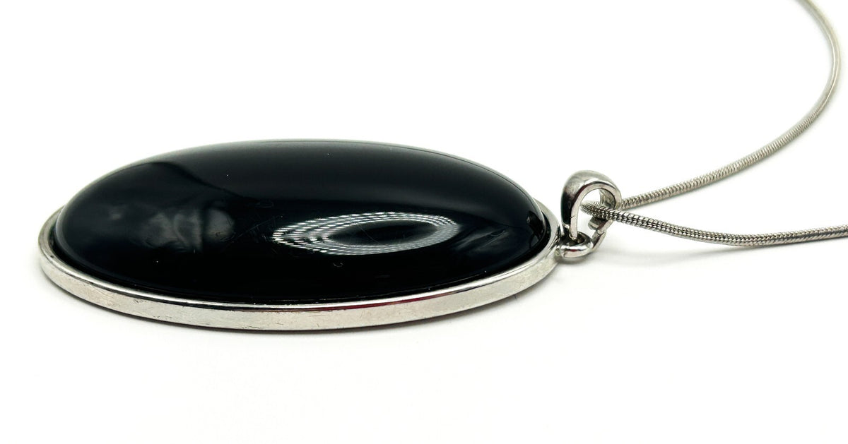 Black Cabochon Pendant Necklace Silver Tone Oval Statement Necklace