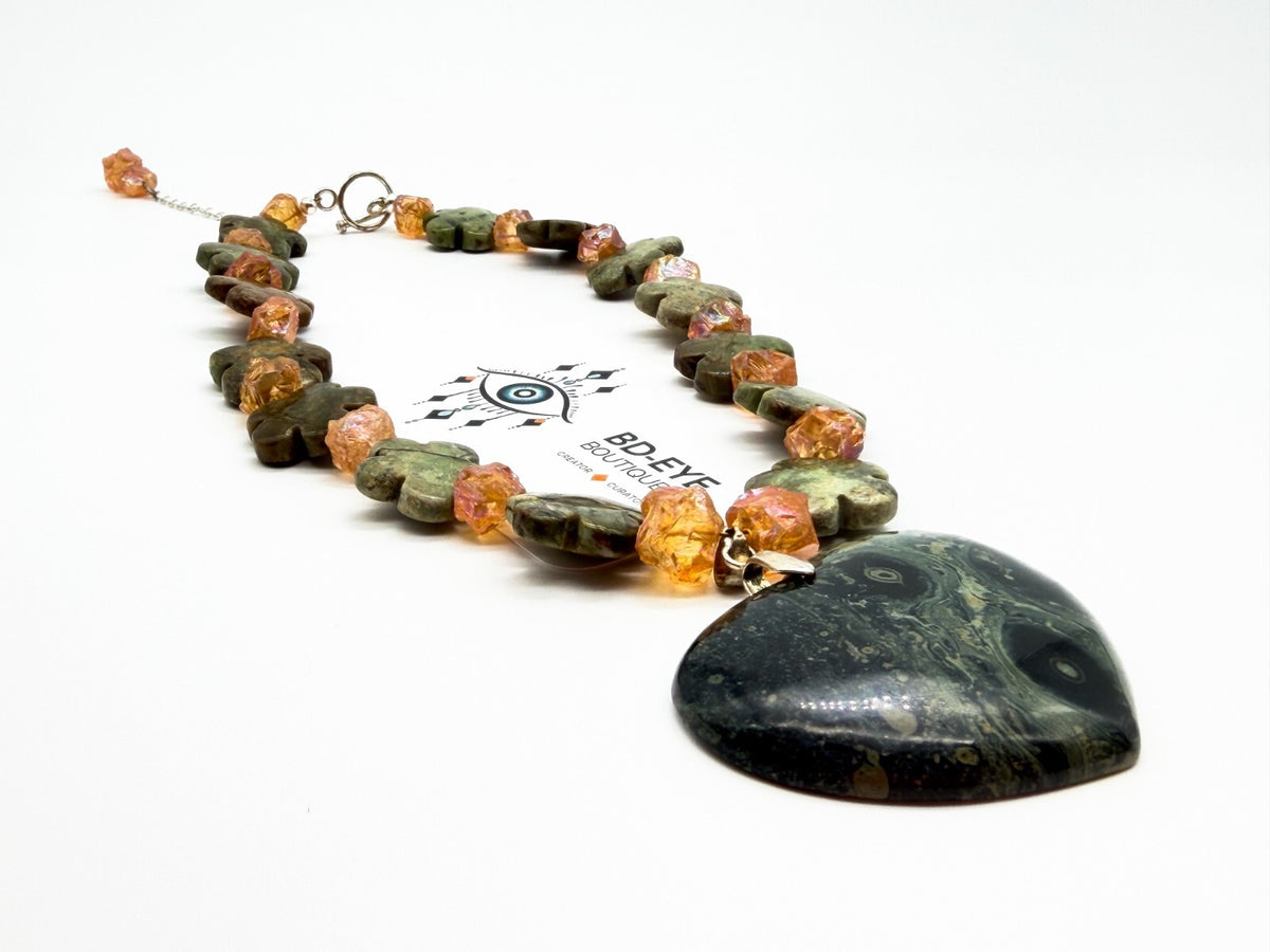 Serpentine Heart Necklace Jasper Bead Statement Chunky Green Pendant 17”