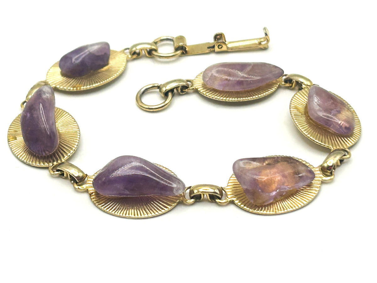 Vintage Gold Tone & Amethyst Nugget Link Bracelet – 8”