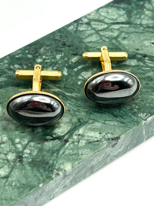 Vintage Gold Tone Oval Hematite Cufflinks