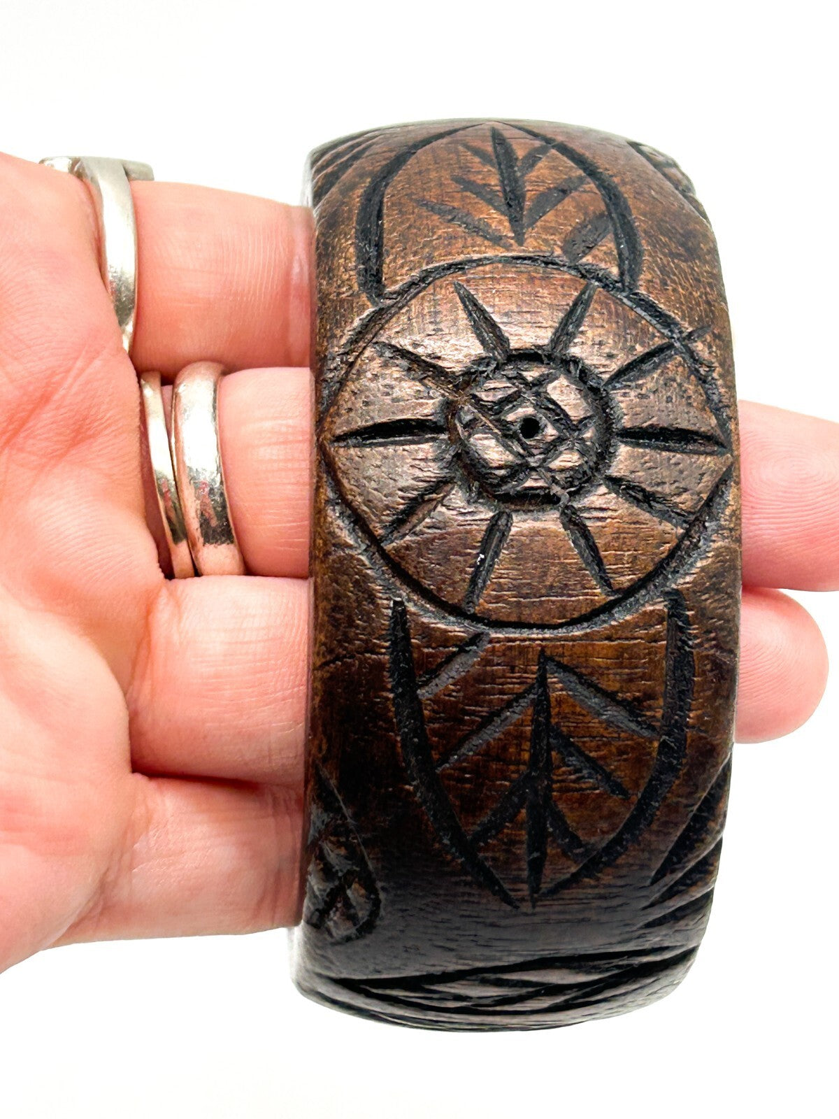 Vintage Carved Dark Wood Floral Chunky Bangle Bracelet 6.5cm Boho Natural